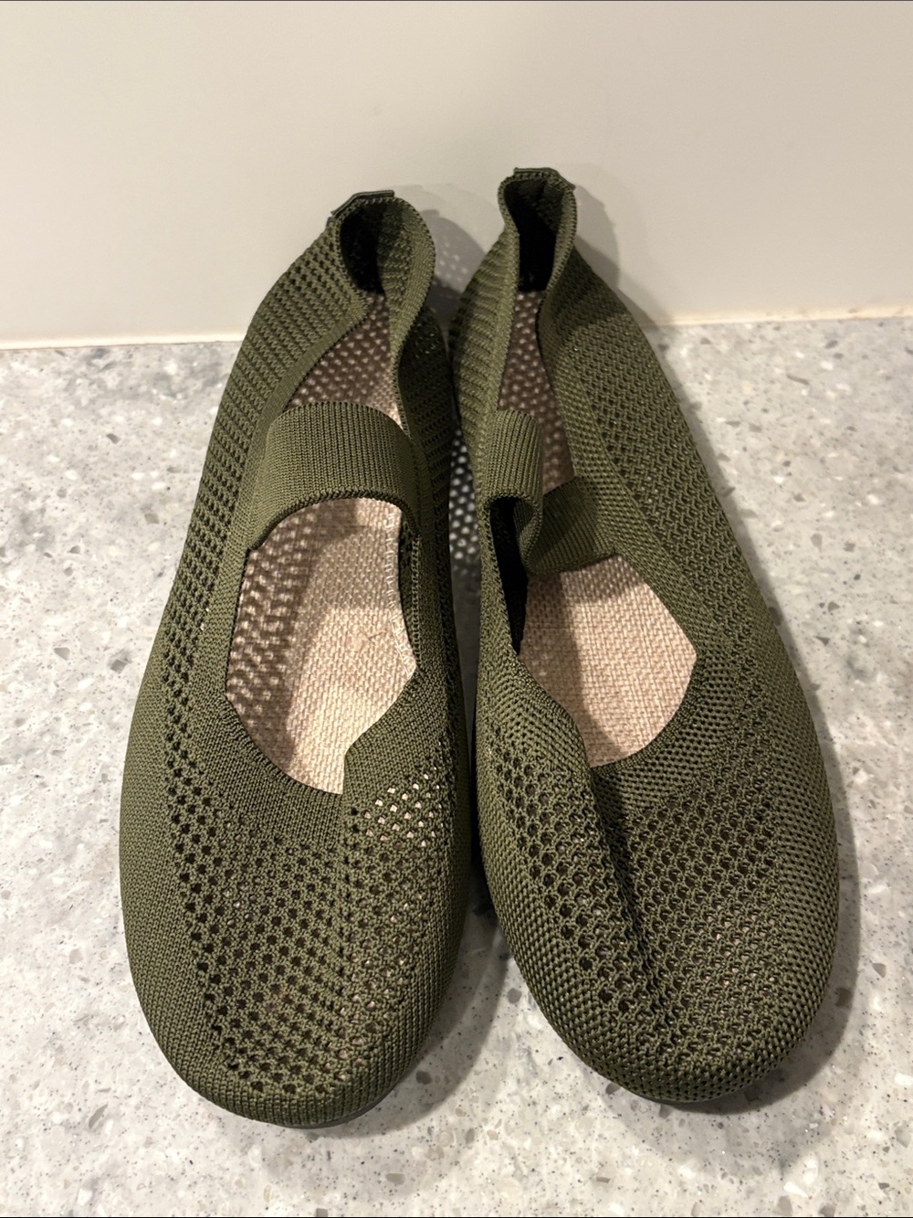 Ladies Knit Mary Jane Flats in Olive Green